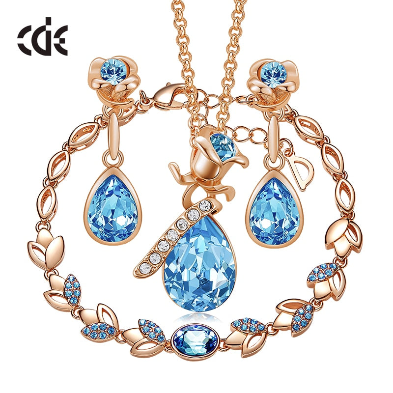 Women Wedding Jewelry Set Embellished with Crystals Rose Flower Pendant Necklace Earrings Bracelet 3PCS/SET - 100007324 Sky Blue / United States / 40cm Find Epic Store