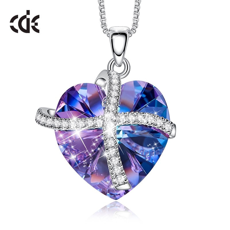 Fashion Jewelry Purple Crystal Heart Pendant Necklace with CZ Cross Women Love Gifts Collier ras du cou - 200000162 Find Epic Store
