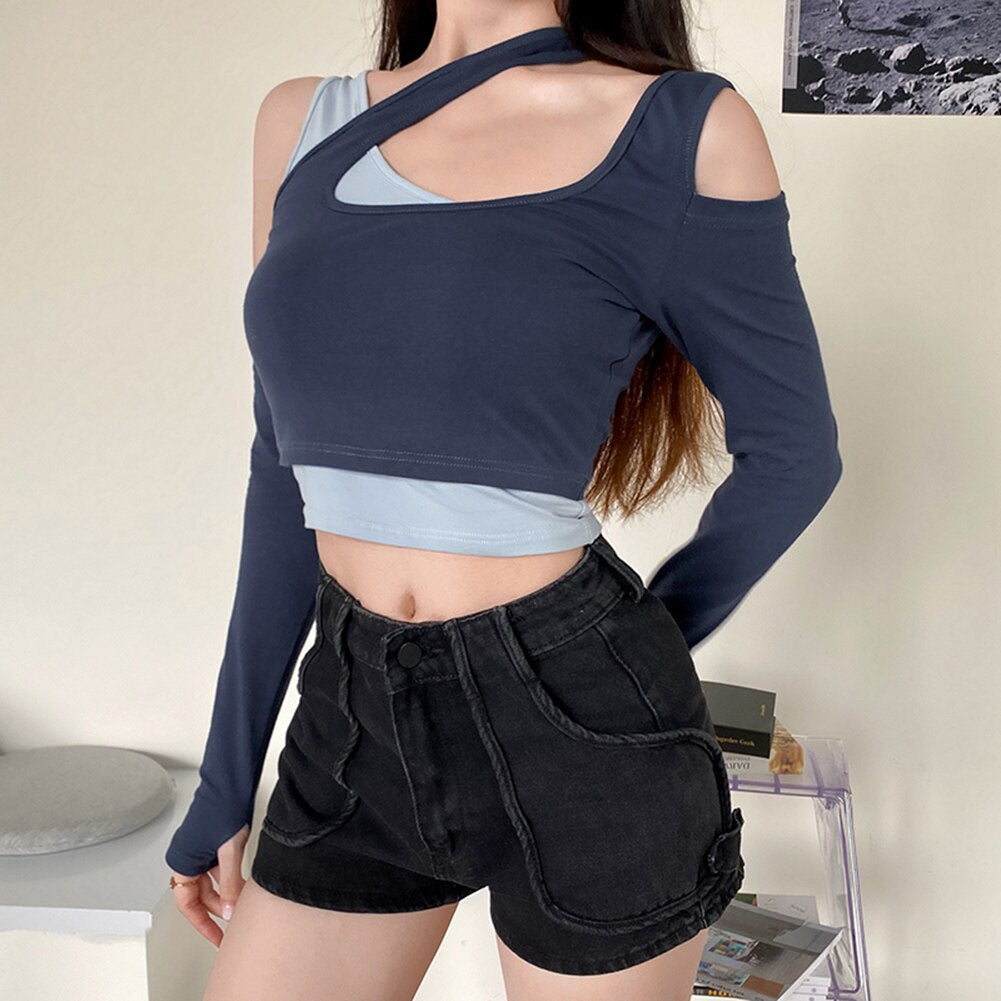 Top Off Shoulder Long Sleeve T-Shirt and One-shoulder Sleeveless Camisole Tops - 200000791 Blue / S / United States Find Epic Store