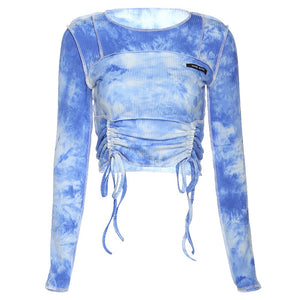 Y2K Fashion Tie Dye Drawstring Cropped Tops - 200000791 Blue / S / United States Find Epic Store