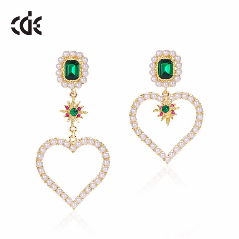 Pearl Heart Asymmetry Dangle Earrings with Green Crystals Boho Jewelry - 200000168 Find Epic Store