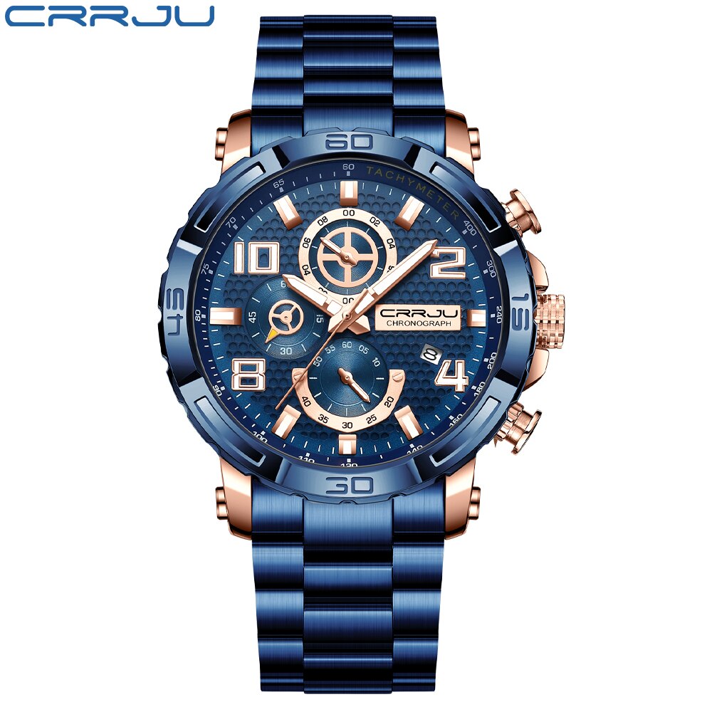Top Brand Casual Sport Chronograph 316L Stainless Steel Wristwatch Big Dial Waterproof Quartz Clock - 0 blue Find Epic Store