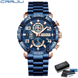 Top Brand Casual Sport Chronograph 316L Stainless Steel Wristwatch Big Dial Waterproof Quartz Clock - 0 blue box Find Epic Store