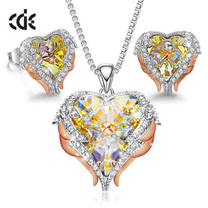 Crystals Heart Jewelry Set for Women Wedding Party Accessories Angel Wings Necklace Earrings Set Wift Gift - 100007324 AB Color Gold / United States / 40cm Find Epic Store