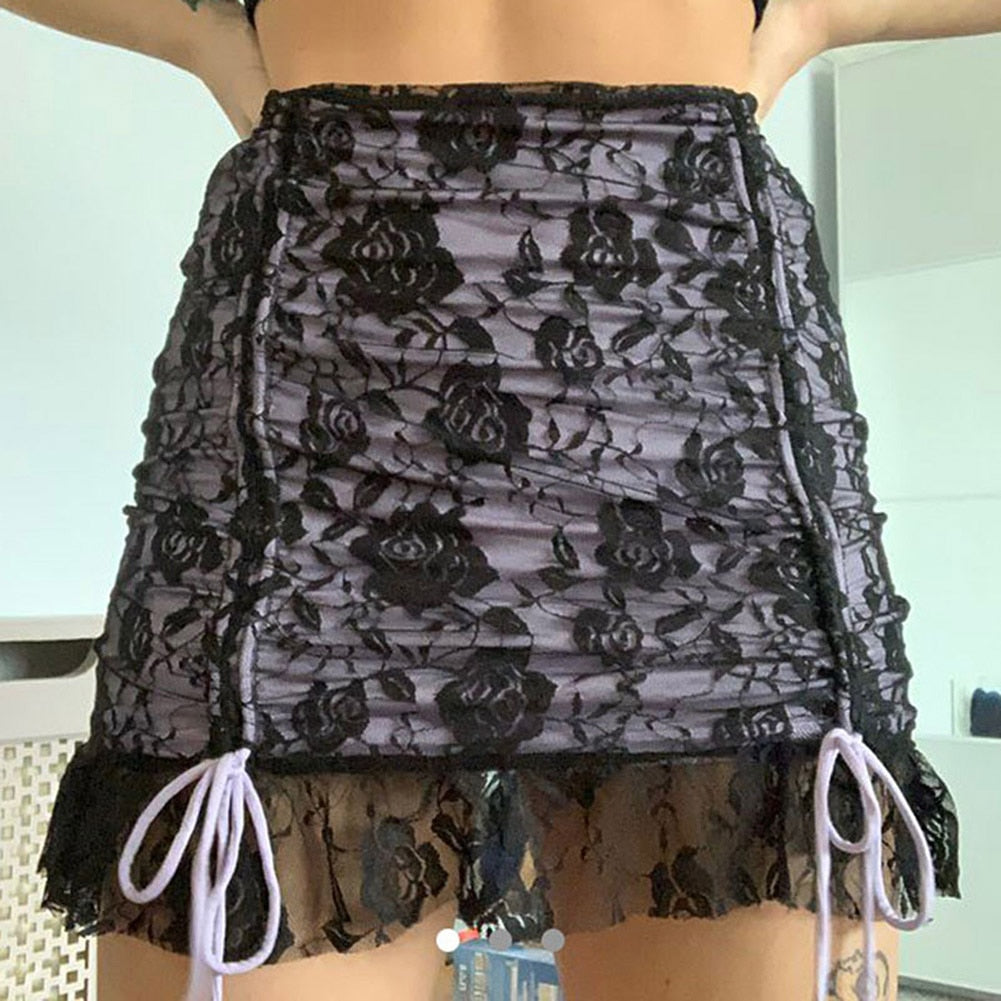 Drawstring Mesh Goth Y2k Double Layer Lace Up Mini Skirt - 349 Find Epic Store