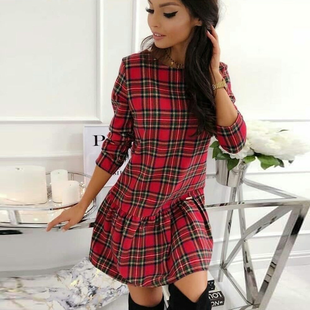 Red Plaid Long Sleeve Dress - 200000347 Find Epic Store