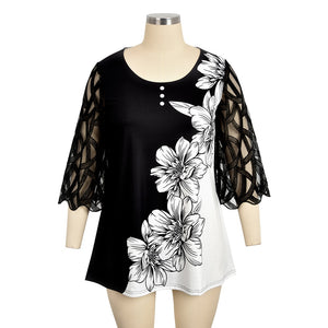 6XL Plus Size Vintage Floral Printed Mesh Patchwork Loose Tee Shirt - 200000791 Find Epic Store