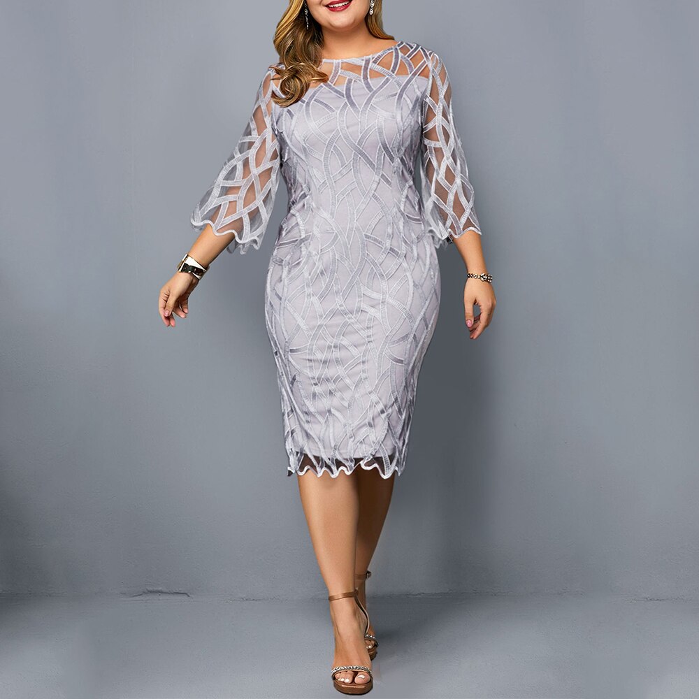 6XL Elegant Plus Size Transparent Seven Sleeve Dress - 200000347 Gray / L / United States Find Epic Store