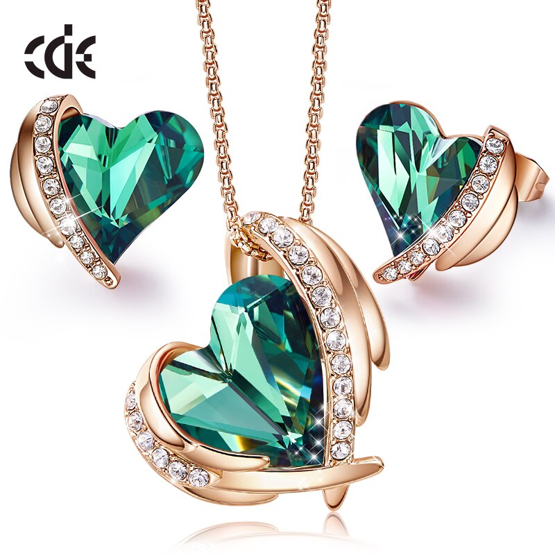 Zircon Angel Wings Necklace Earrings with AB Color Heart Crystals - 100007324 Green Gold / United States / 40cm Find Epic Store