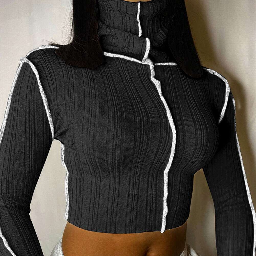 Long Sleeve High Neck Sexy Crop Top - 200000791 Find Epic Store