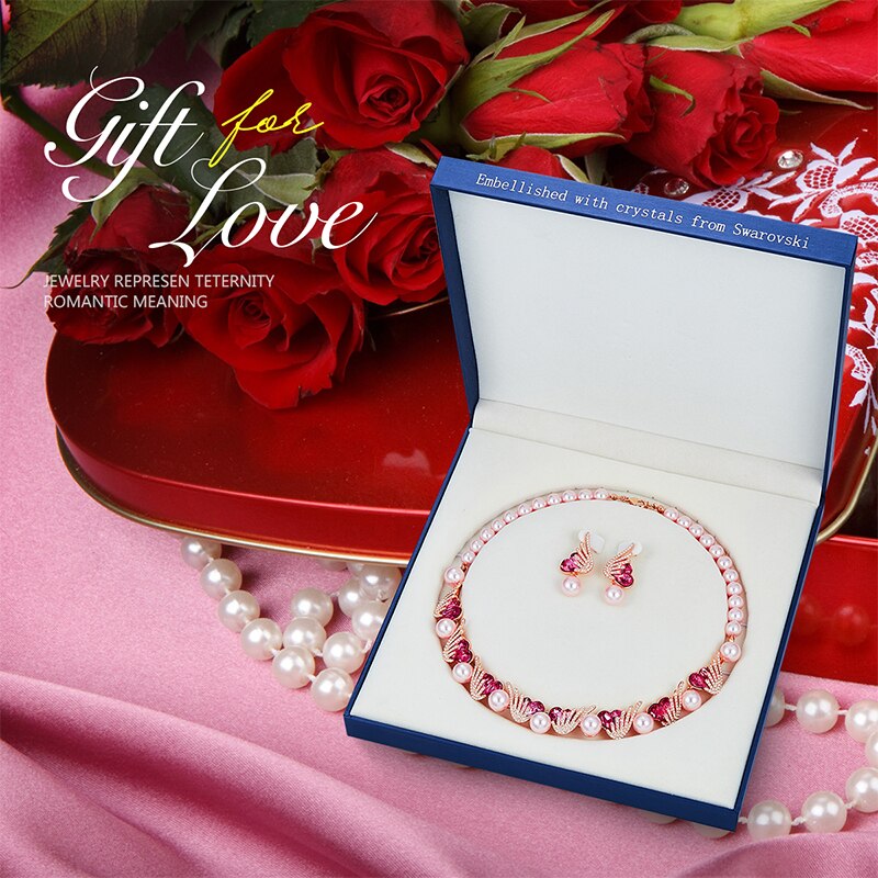 Wedding Jewelry Set with Heart Crystals and Pearls - 100007324 Indian Pink in box / United States Find Epic Store