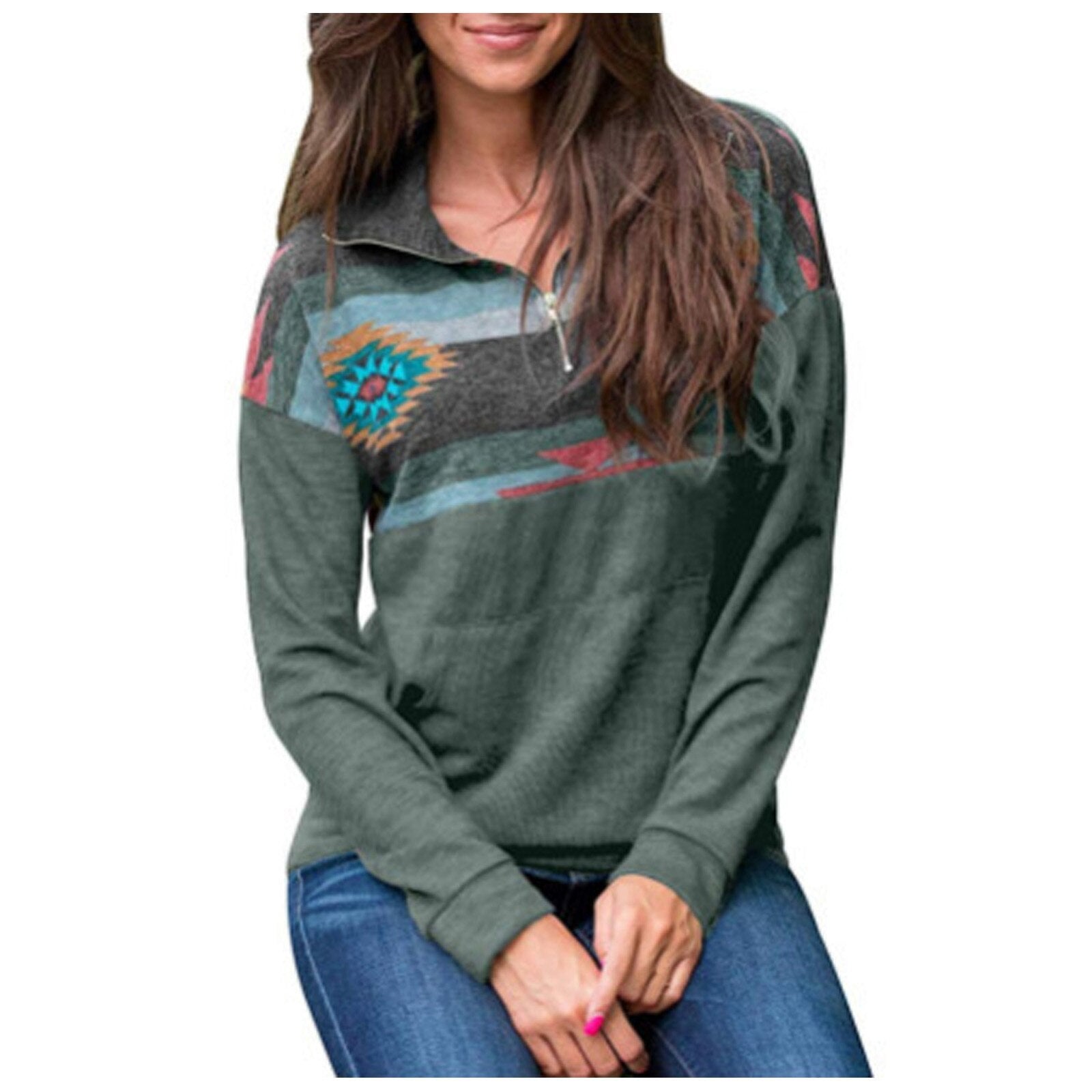 Casual Stand Collar Half Zipper Floral Printing Long Sleeve Sweatshirt - 200000348 green / S / United States Find Epic Store
