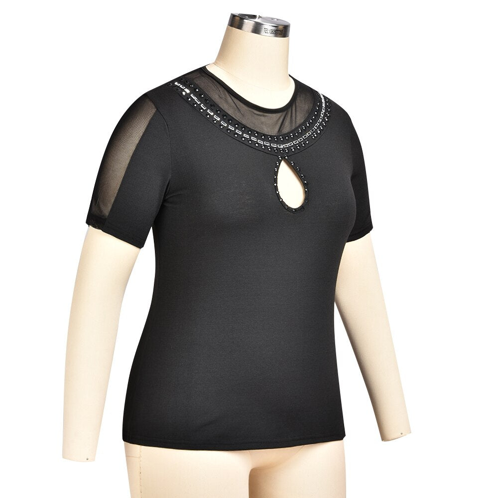 Sexy Plus Size Hollow Out Mesh Short Sleeve Round Neck Black T-shirt - 200000791 Find Epic Store