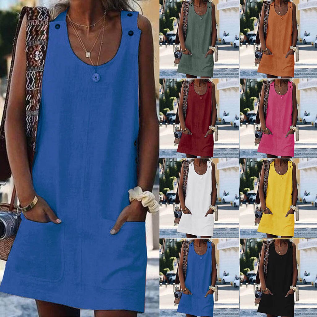 Button Plain Pocket Bohemian Dress - 200000601 Find Epic Store