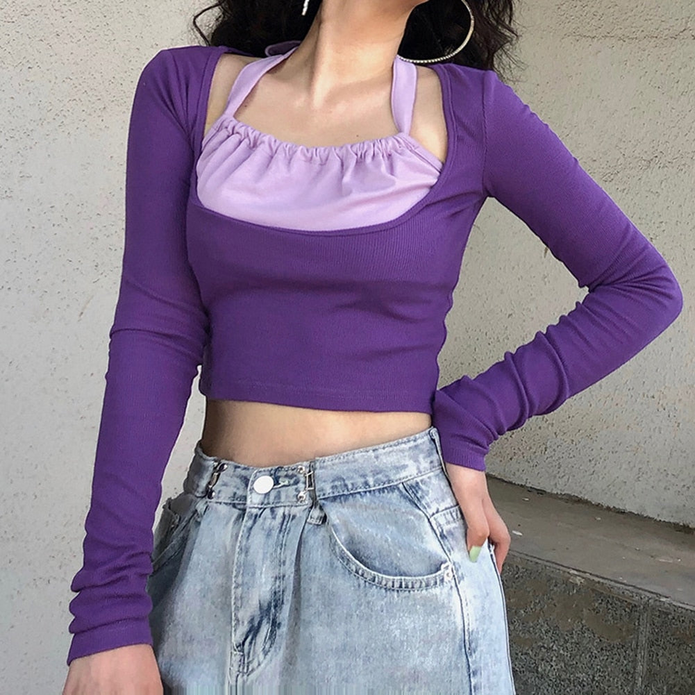 2 Pieces Halter Long Sleeve Crop Top T Shirt - 200000791 Find Epic Store