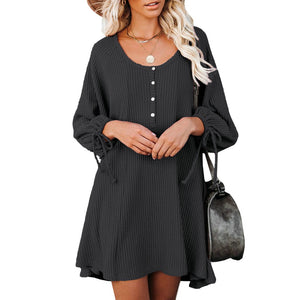 Knitted Button Long Sleeve O neck Solid Dress - Black / S / United States Find Epic Store