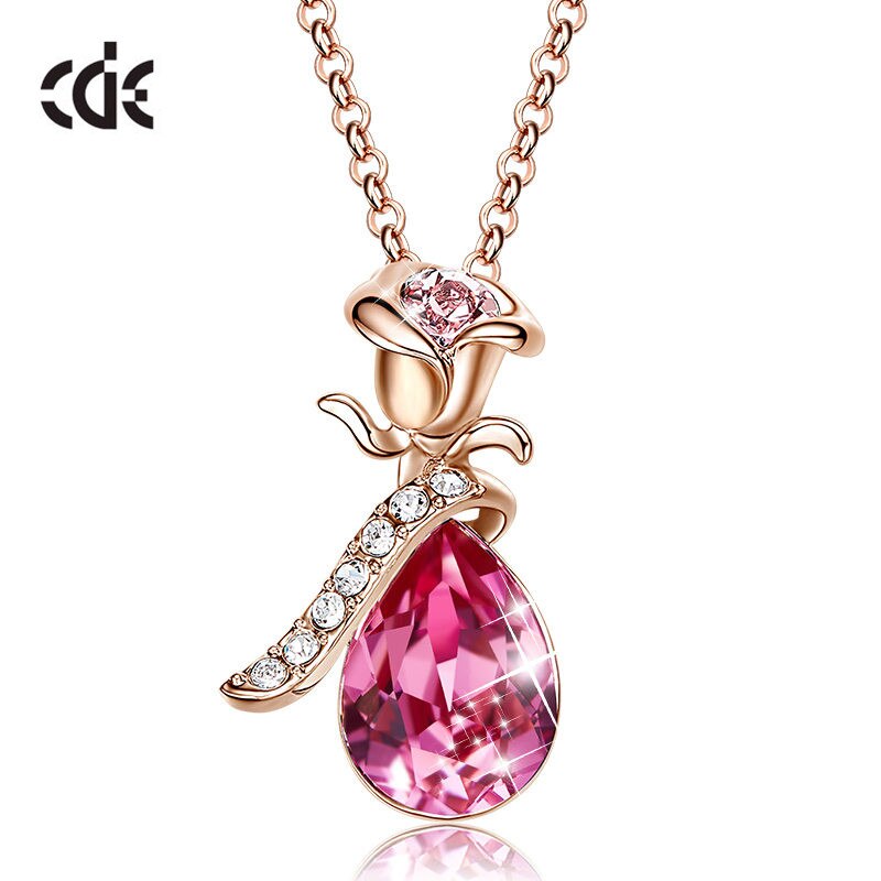 Women Gold Color Rose Flower Necklace Pendant with Crystals from Swarovski Teardrop Jewelry Fashion Romantic Valentine's Day - 200000162 Pink Gold / United States / 40cm Find Epic Store