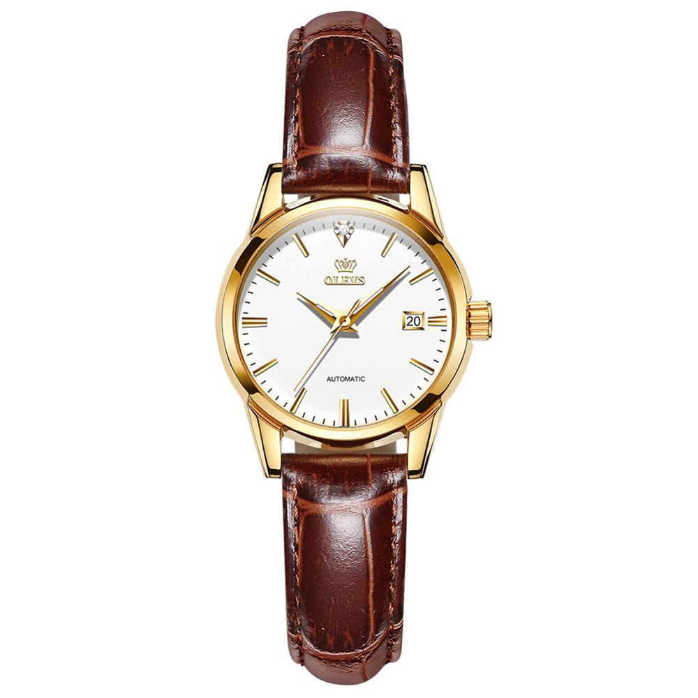 OLEVS Brown Leather Automatic Watch - 200363143 white / United States Find Epic Store
