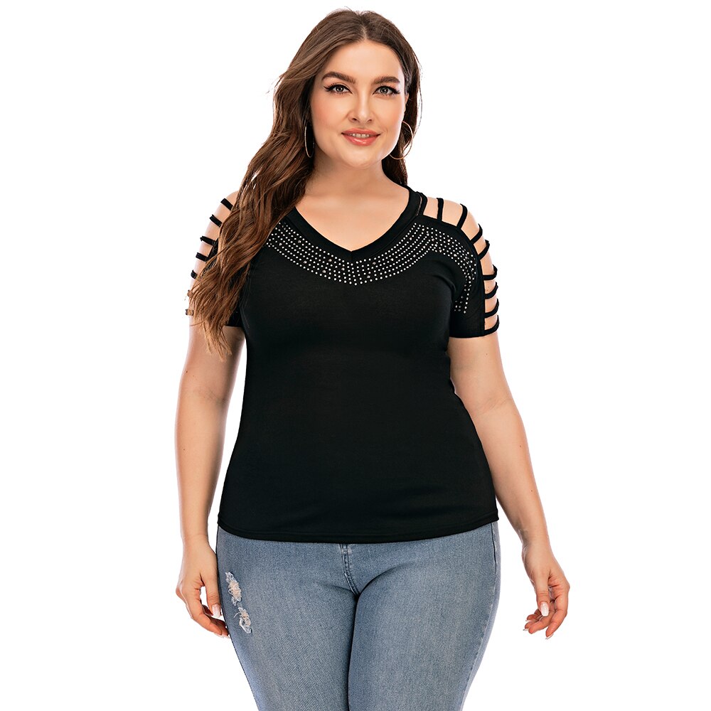 6XL Hot Drilling Plus Size Short Sleeve Elegant Hollow Out Top - 200000791 Find Epic Store