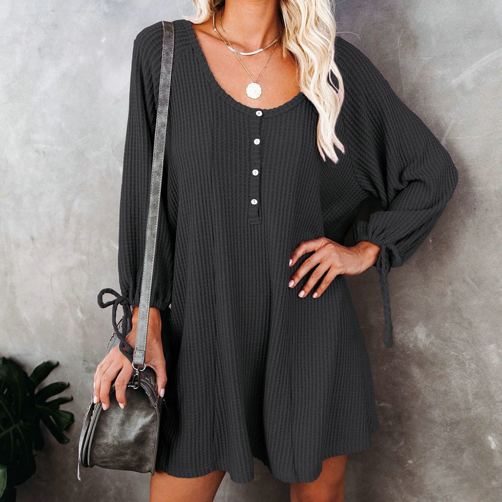 Knitted Button Long Sleeve O neck Solid Dress - Find Epic Store
