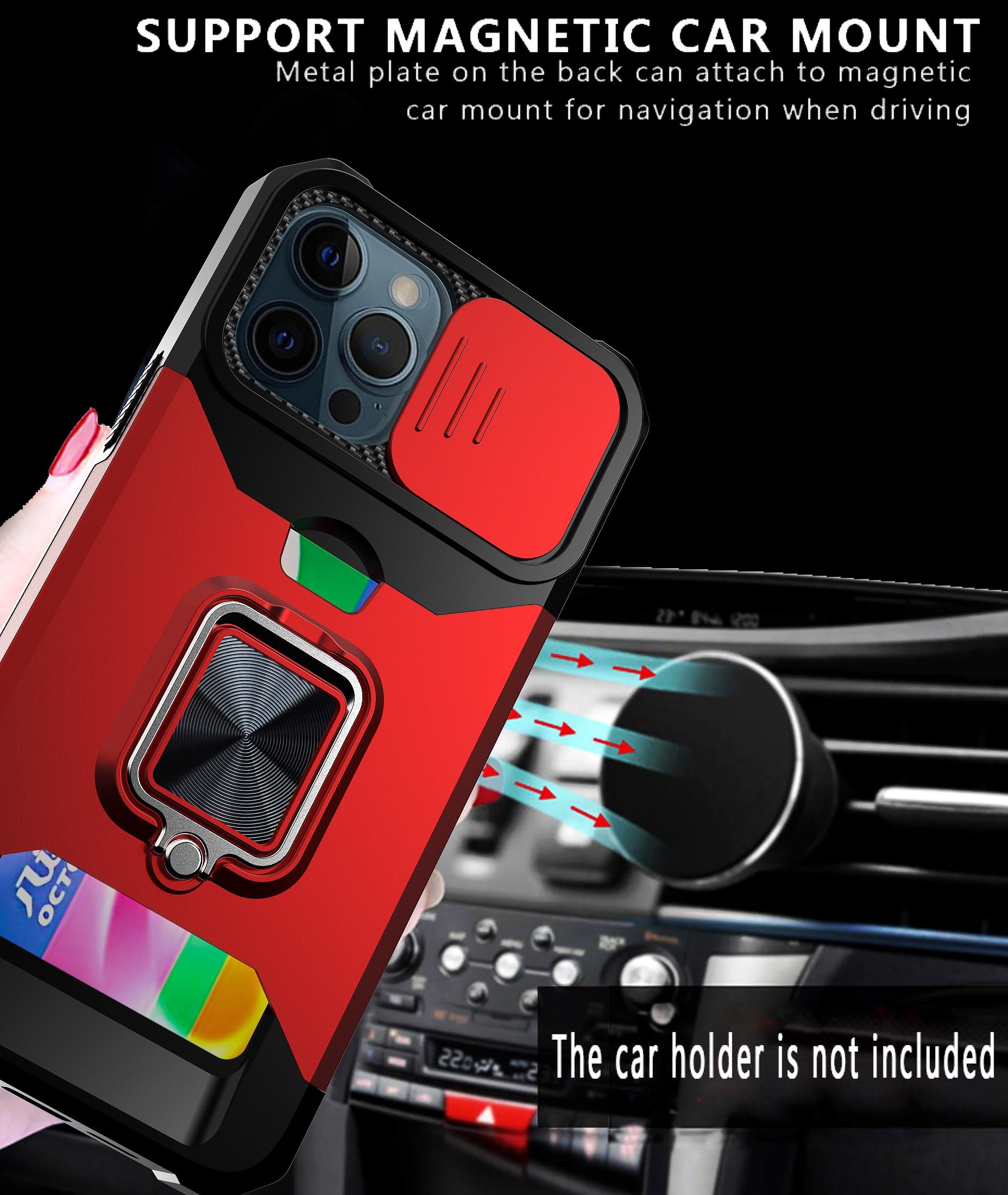 Red Color Case for iPhone 13 12 11 Pro Max Case, Kickstand with Slide Camera, Built-in 360 Rotate Ring Stand Magnetic Card Slot Credit Cover - 380230 Find Epic Store