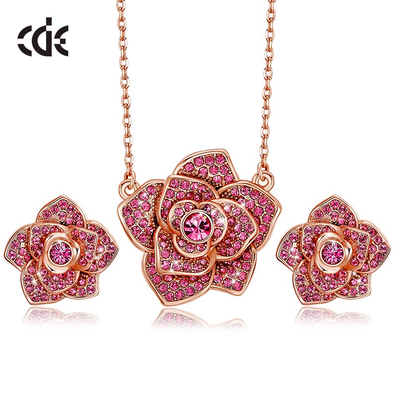 Women Necklace Earrings Jewelry Set Embellished With Pink Crystals Rose Flower Shaped Fashion Jewelry Gifts - 100007324 Gold / United States / 40cm Find Epic Store