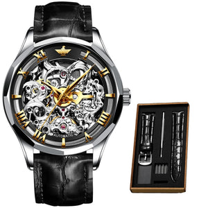 Men Skeleton Genuine Leather Luxury Automatic Wristwatch - 200033142 gold gray face-balck / United States Find Epic Store