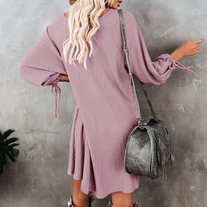 Knitted Button Long Sleeve O neck Solid Dress - Find Epic Store
