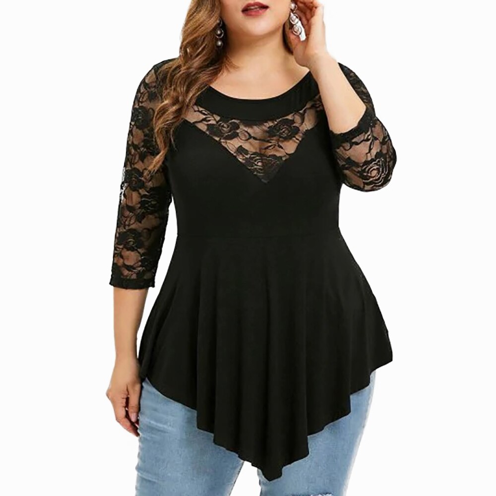 Large Size Sexy O-Neck Long Sleeve Hollow Lace T-Shirt - 200000791 Find Epic Store