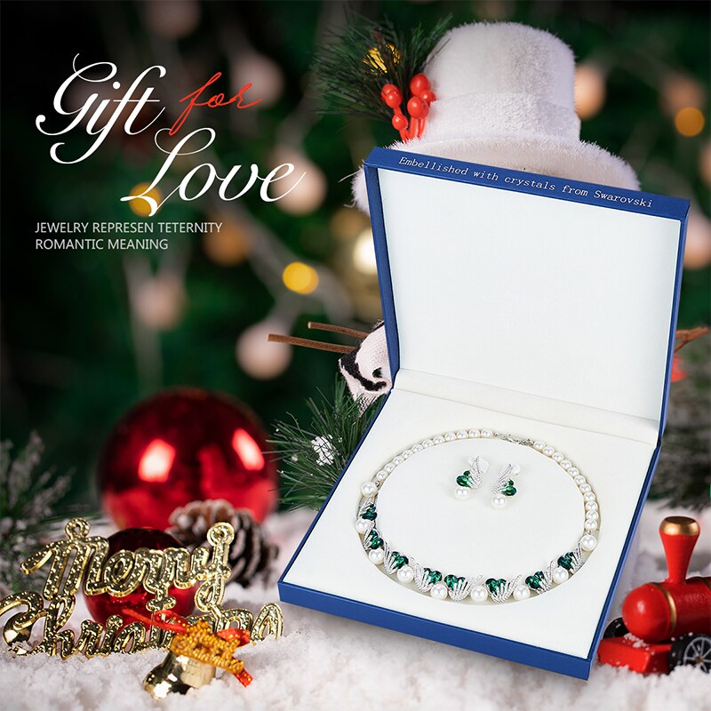 Luxury Wedding Jewelry Set with Heart Crystals and Pearls Rose Gold Necklace Earrings - 100007324 Emerald in box / United States Find Epic Store