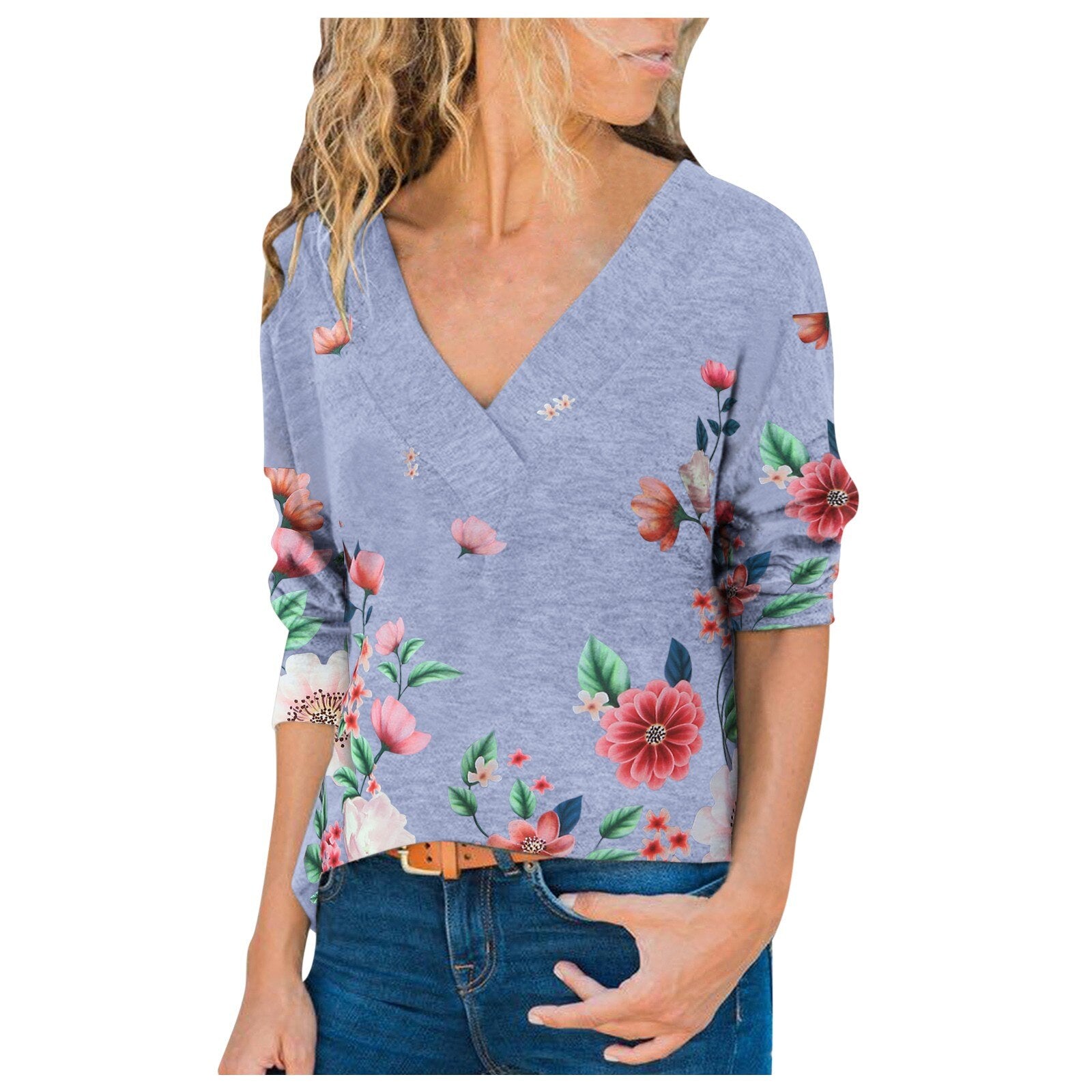 New V-neck Long Sleeve T-shirt Butterfly Flower Shirt - Gray / S / United States Find Epic Store