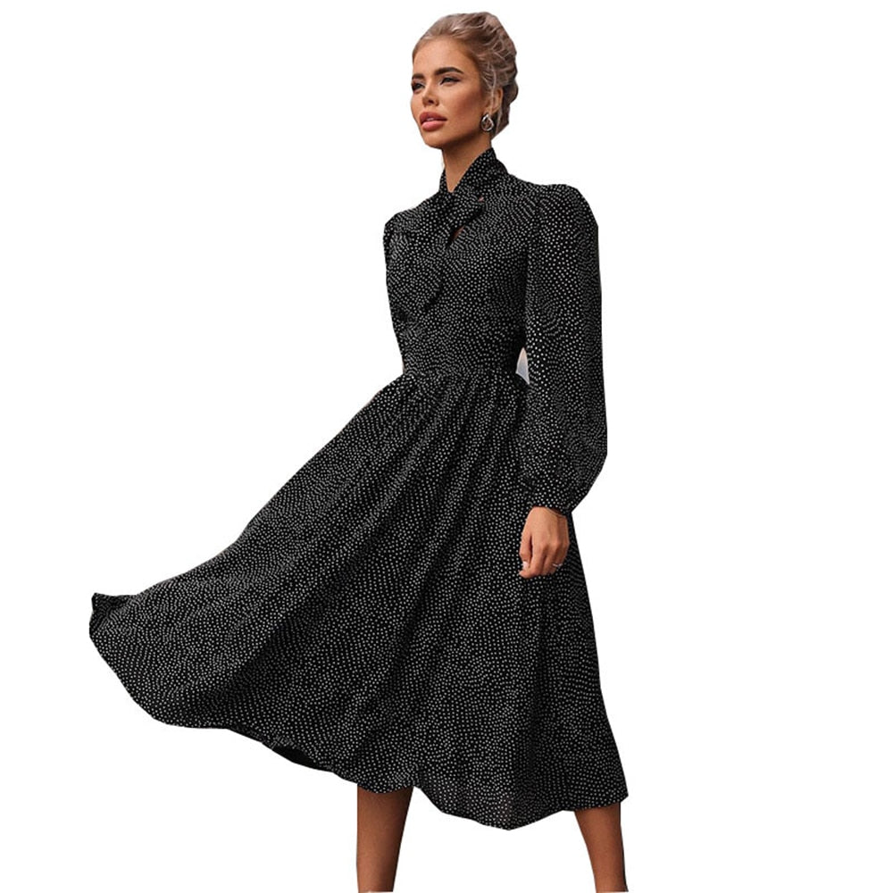 Scarf Collar Long Sleeve Polka Dot Dress - 200000347 Black / S / United States Find Epic Store