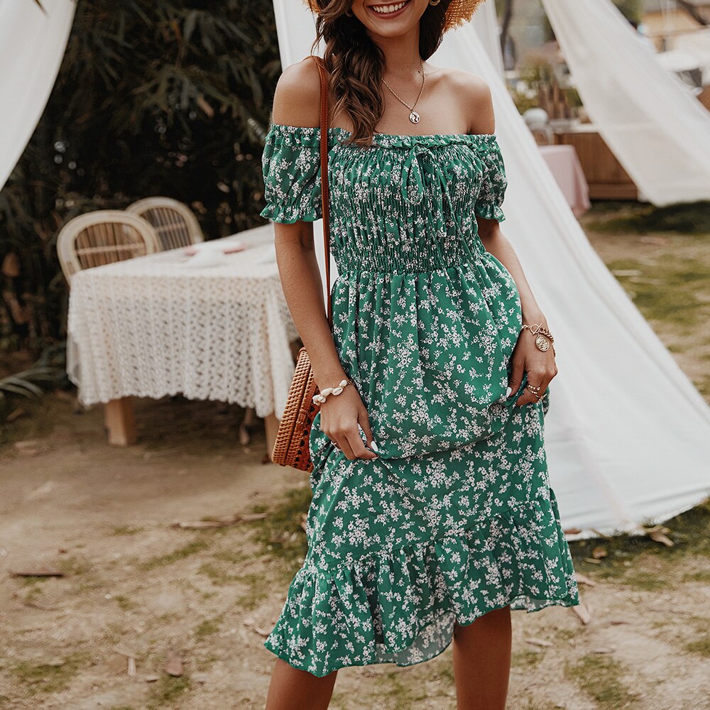 Flower Print Off The Shoulder Flowy Midi Dress - 200000347 green / S / United States Find Epic Store