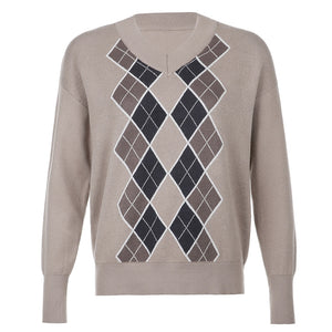 Oversized Argyle Plaid Y2k Top Woolen Fashion Rhombus Printing Loose Sweater - 201240203 Find Epic Store