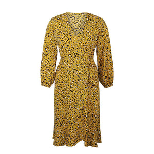 Plus Size Women Leopard Print Long Sleeve V-Neck Dress - 200000347 YELLOW / XL / United States Find Epic Store