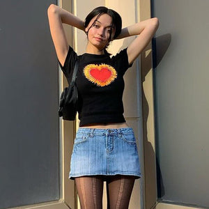Heart Print Y2k Graphic Black Vintage Cute O-neck Short Sleeve Cropped Top - 200000791 Find Epic Store