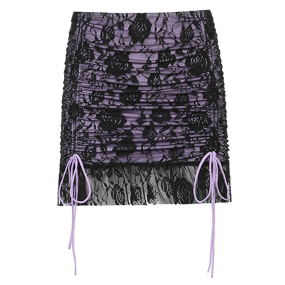 Drawstring Mesh Goth Y2k Double Layer Lace Up Mini Skirt - 349 Purple / S / United States Find Epic Store