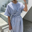 Cotton Blue Striped Bandage Split Long Dress - 200000347 Find Epic Store