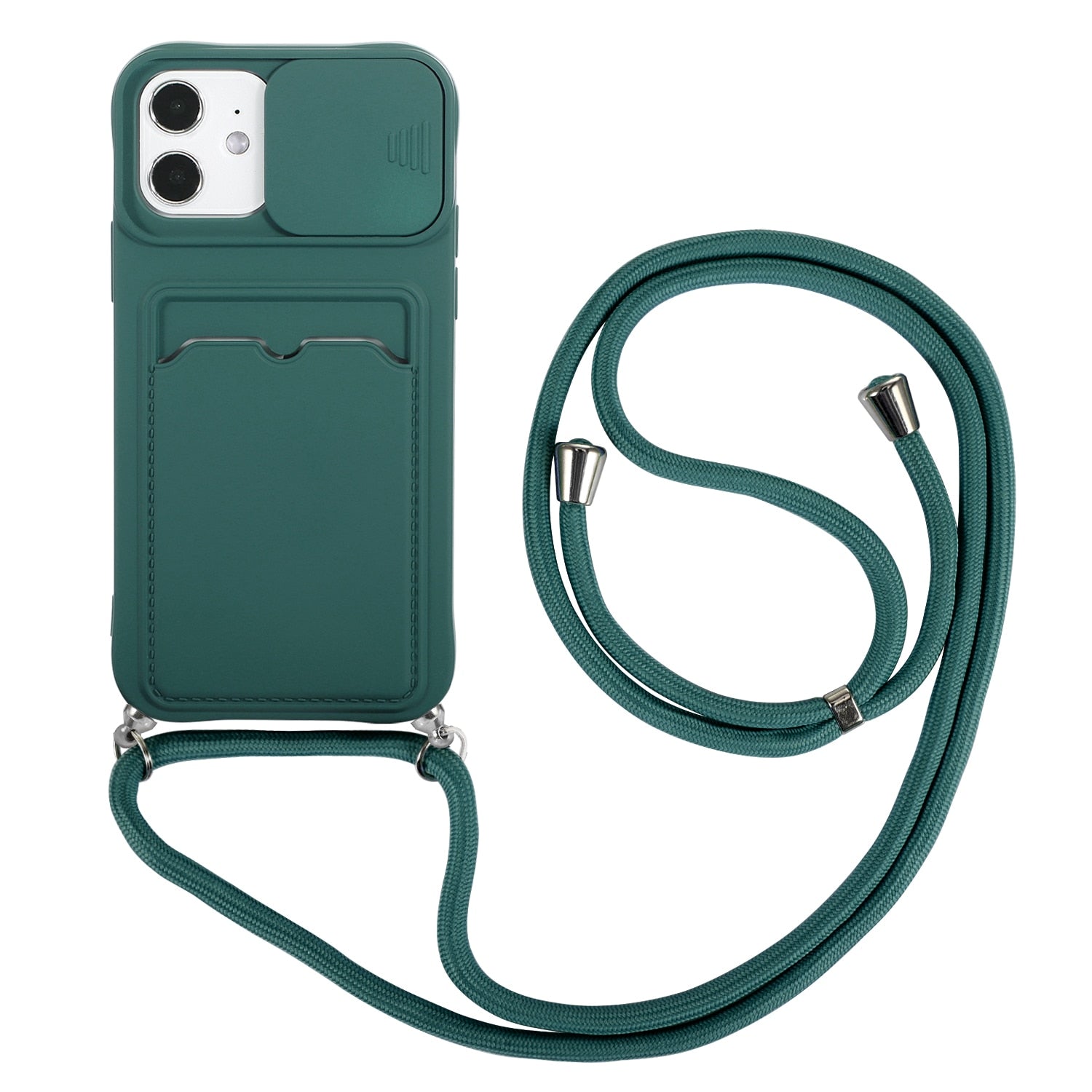 Slide Camera Lens Protection With Card Holder Phone Case for iPhone 11 12 Pro Max XS MAX XR 6s 7 8 Plus Credit Slot With lanyard - 380230 For iPhone 7 or 8 / Black Green / United States Find Epic Store