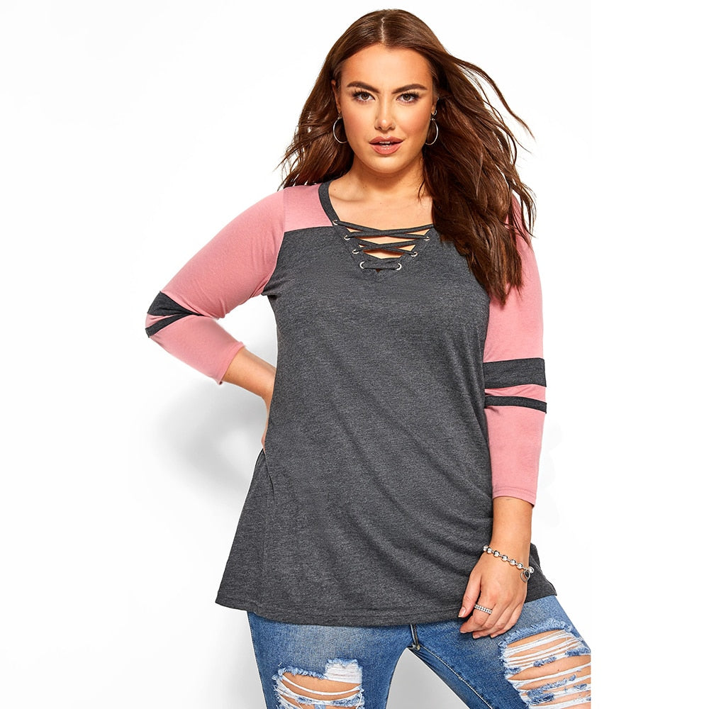5XL V Neck Plus Size Patchwork Casual T-shirt - 200000791 Find Epic Store