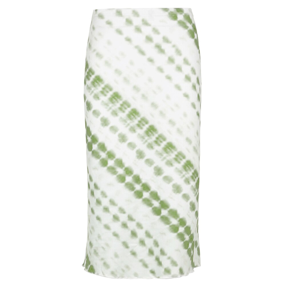 Tie Dye Print Aesthetic Frill Long Mid-calf Straight High Waist Skirt - 349 green / L / United States Find Epic Store
