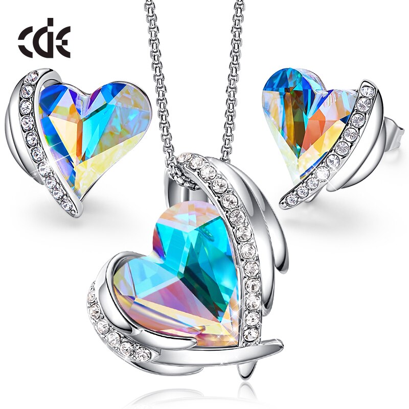 Zircon Angel Wings Necklace Earrings with AB Color Heart Crystals - 100007324 AB Color / United States / 40cm Find Epic Store