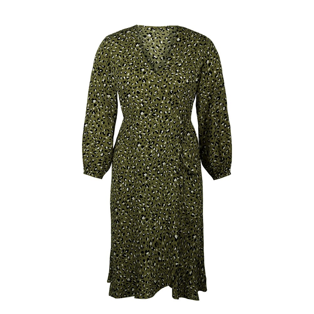 Plus Size Women Leopard Print Long Sleeve V-Neck Dress - 200000347 Green / XL / United States Find Epic Store
