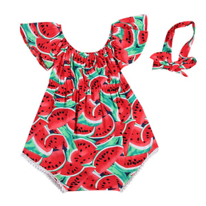 Newborn Baby Girls Watermelon Print Clothes Ruffles Sleeve Bodysuit +Headband - 100 Find Epic Store