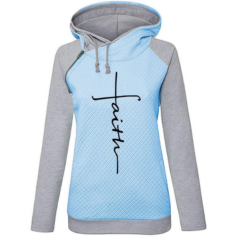 Autumn Winter Patchwork Hoodies Sweatshirts Women Faith Cross Embroidered Long Sleeve Sweatshirts Female Warm Pullover Tops - Blue / S Find Epic Store