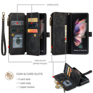 Case for Samsung Galaxy Z Fold 3/4 Wallet, Durable PU Leather Magnetic Wallet Flip Lanyard Strap Wristlet Zipper Card Holder Case - 0 Find Epic Store