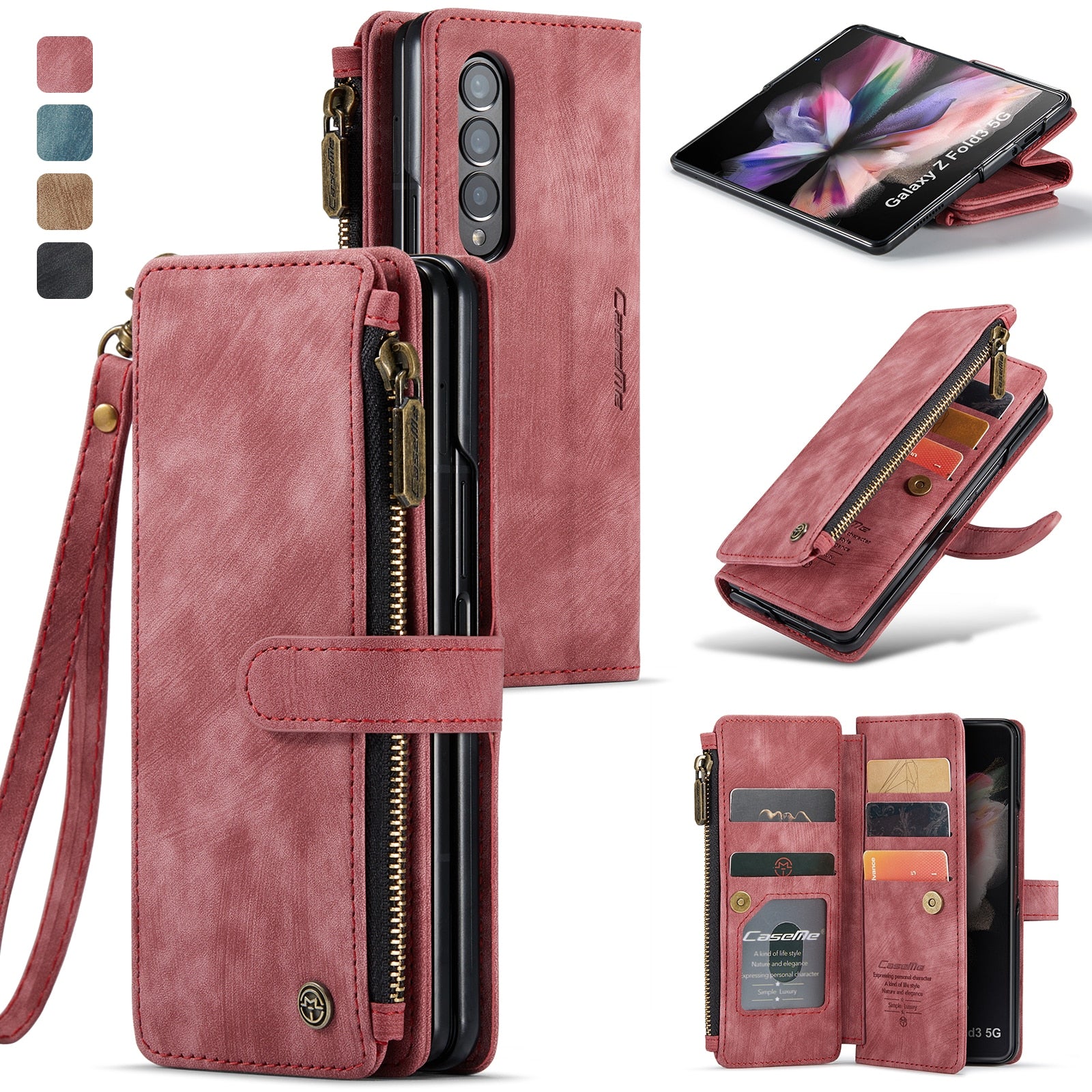 Case for Samsung Galaxy Z Fold 3/4 Wallet, Durable PU Leather Magnetic Wallet Flip Lanyard Strap Wristlet Zipper Card Holder Case - 0 for Galaxy Z Fold 3 / Red / United States Find Epic Store