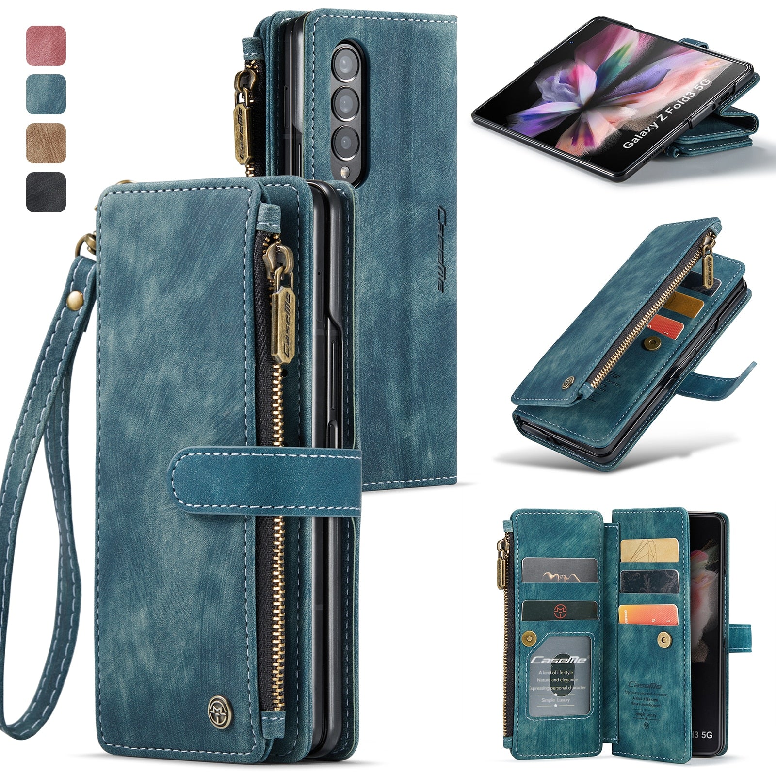 Case for Samsung Galaxy Z Fold 3/4 Wallet, Durable PU Leather Magnetic Wallet Flip Lanyard Strap Wristlet Zipper Card Holder Case - 0 for Galaxy Z Fold 3 / Blue / United States Find Epic Store
