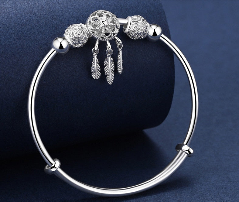 Adjustable size 925 Silver Color Bangle cuff Dreamcatcher Tassel Feather Round Bead Charm Bracelet jewelry For Women wedding - 0 Find Epic Store