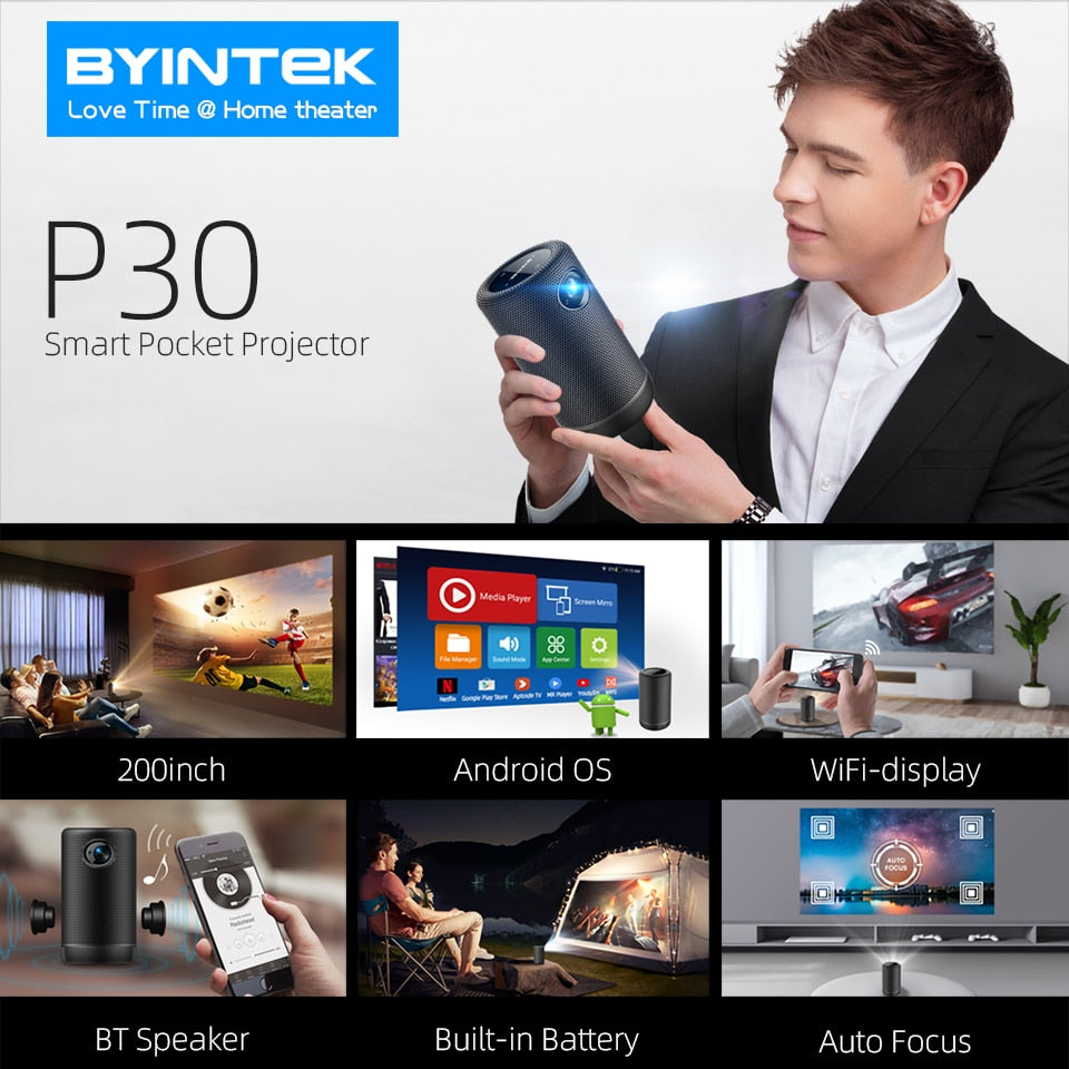 BYINTEK P30 Pocket Portable Smart Android WIFI Full HD 1080p TV Video LED DLP Mini Projector for 4K Cinema Smartphone - 2107 Find Epic Store
